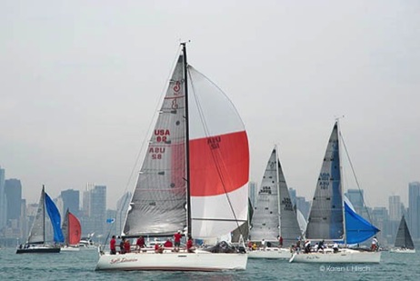 Photo of sailboat Split Decision at start of Chicago Race to Mackinac